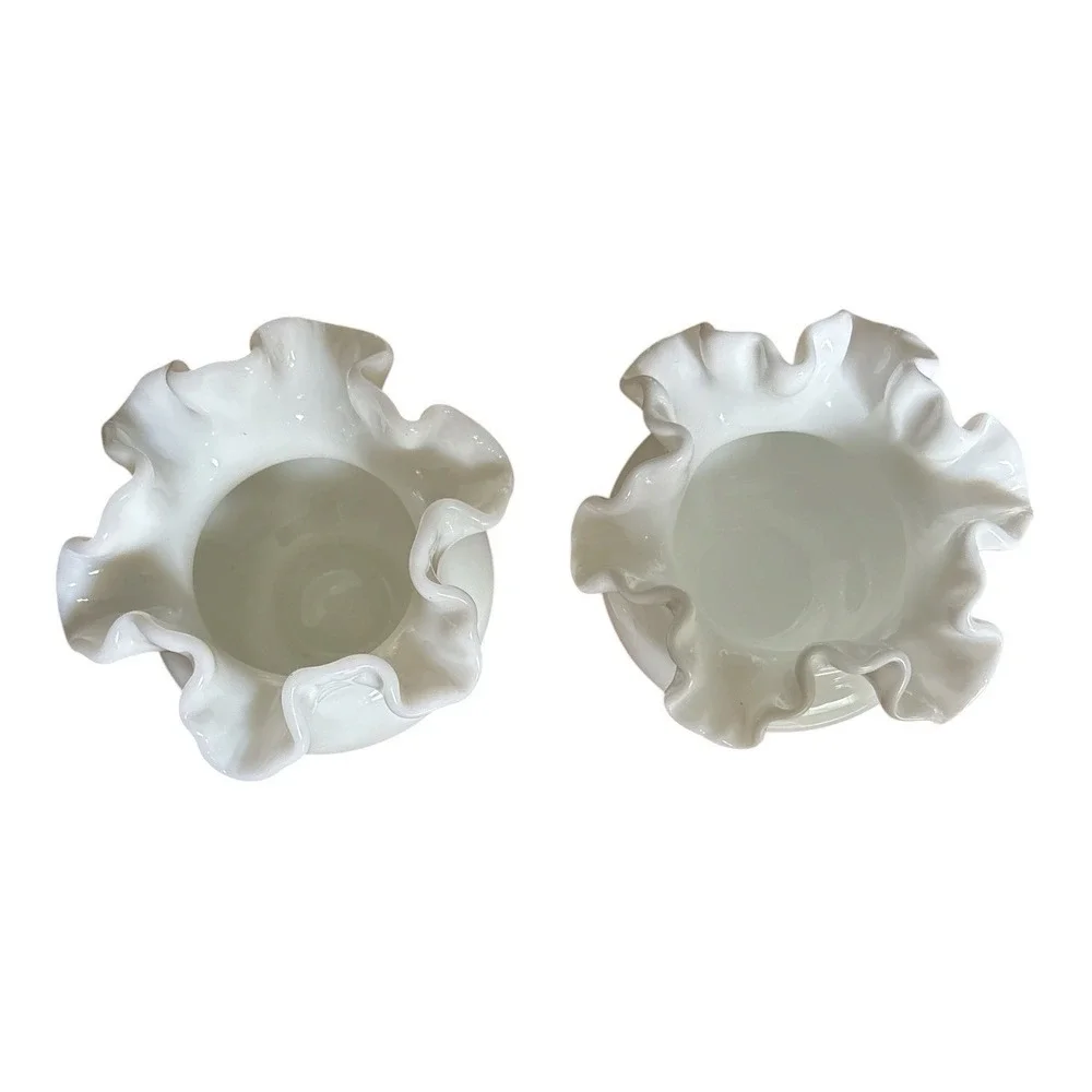 Fenton Ruffled Glossy Milk Glass Ball Vase Set Of 2 EUC